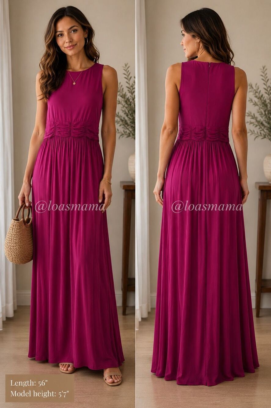 Soft Surroundings Ruched Waist Maxi Dress Purple Magenta Sleeveless Stretch Knit